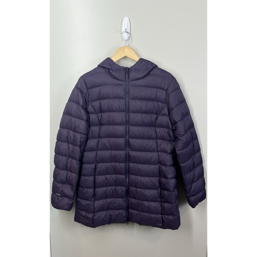 Eddie Bauer Down Puffer Jacket Womens Large Parka Coat Hood Long Purple 650 FP